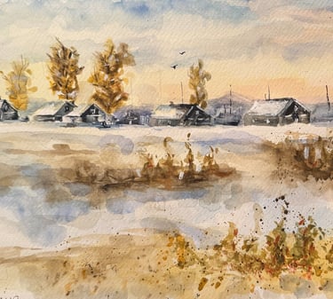 a watercolor painting of a snowy peaceful farm community. Art will get you with its