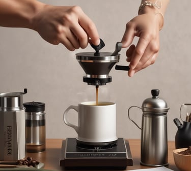 a person is pouring coffee into a cup of coffee