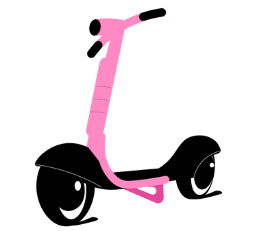 Różowa hulajnoga z czarnymi błotnikami i zmrużonymi oczami zamiast kółek.