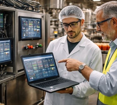 Worker talking about food production efficiency to manager