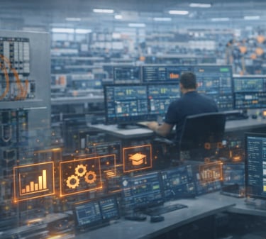 Industrial automation team analyzing SCADA system data for real-time process monitoring