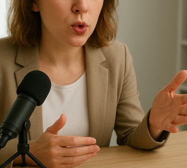 Woman speaking into a microphone to demonstrate clear English communication