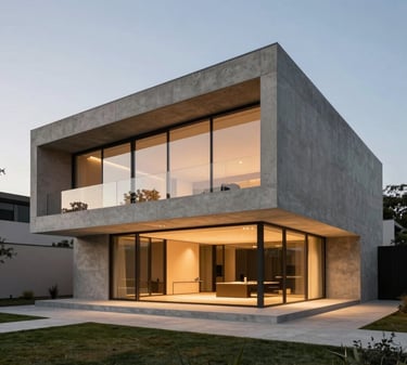 Wide-angle architectural photography of a minimalist luxury concrete and glass villa at dusk, warm interior lights glowing, sharp geometric lines, 35mm