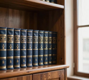 editorial interior photography of a dignified legal office in Cairo, warm wood tones, leather-bound Egyptian law books on a shelf, soft directional window light, shallow depth of field, 35mm