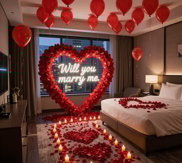 A softly lit hotel room with rose petal pathways, heart-shaped balloons, and a glowing 'I love you' banner above the bed.