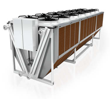 Industrial dry cooler with adiabatic cooling pads and multiple fans