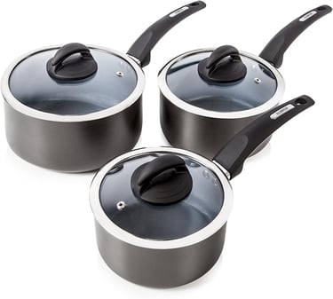 a set of three pots with lids and pots