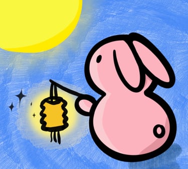 the rabbit's secret pink bunny holding a lantern looking at the moon