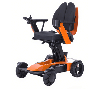 Orange four-wheel travel scooter with thick padded seat