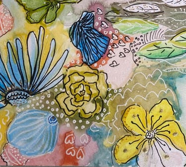 Détails de l'aquarelle fleurie jaune verte et bleue 