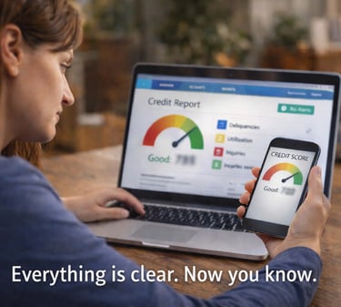 woman reviewing credit report on laptop and phone with blurred credit score showing clarity and fina