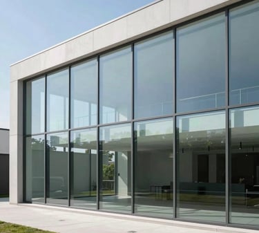 A minimalist modern home featuring a massive seamless structural glass wall with crisp daylight reflections, showing clean metal fittings and sharp architectural shadows.
