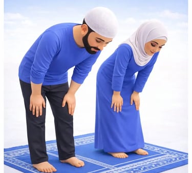 ruku Muslim man and woman bowing in prayer with hands on knees, wearing blue clothing, in a calm 3D illustration.