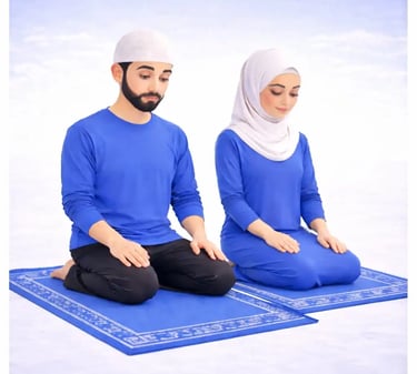 isla Sitting between prostrations Islamic prayer, Muslim man and woman kneeling position, blue clothing, clean 3D style.