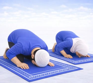 Sajda prostration Islamic prayer, Muslim man and woman forehead on ground, blue clothing, clean peaceful 3D illustration.