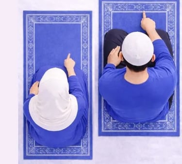 Tashahhud shahada sitting position Islamic prayer man and woman raising index finger blue clothing, clean 3D illustration