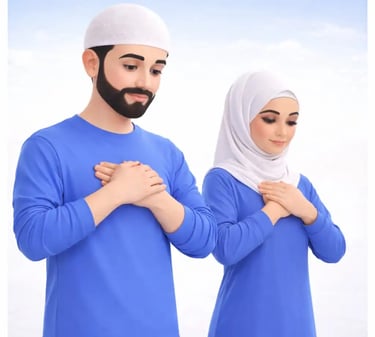  Qiyam Muslim man and woman standing in prayer with hands folded on their chests, in a clean and peaceful 3D style. 