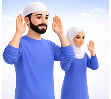 Muslim man and woman performing Islamic prayer (salah), raising hands for takbir wearing blue clothing, clean 3D illustration