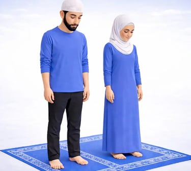 Standing  ruku i'tidal Islamic prayer Muslim man and woman returning upright, blue clothing, clean peaceful 3D illustration