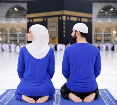 Salam turning head left Islamic prayer, Muslim man and woman completing salah, blue clothing, clean peaceful 3D illustration.