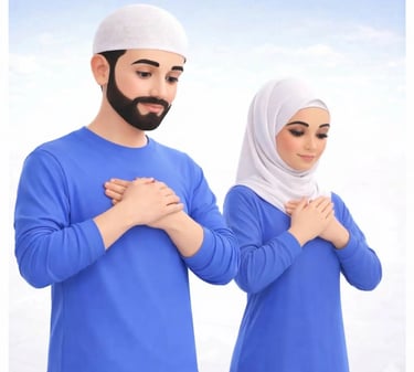 Muslim man and woman demonstrating prayer position with right hand over left on the chest