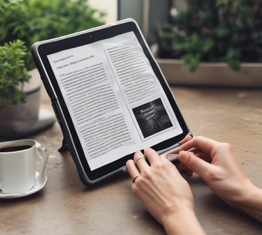 Personne lisant le eBook REGENERATION sur une tablette en terrasse, accompagnée d'une tasse de café