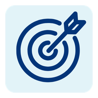 Blue line art icon of a bullseye target with an arrow hitting the center for goal achievement.