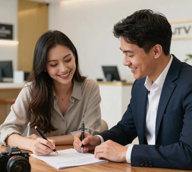A sleek, modern office space with gold and white accents reflecting the luxury of Popov Estates.