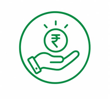 Green line icon of a hand holding an Indian Rupee coin symbolizing financial growth and savings.