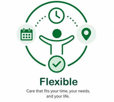 Flexible care icon showing clock, calendar, and location symbols for customized healthcare services.
