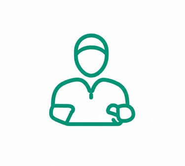 A green line art icon representing a healthcare professional or surgeon in medical scrubs.