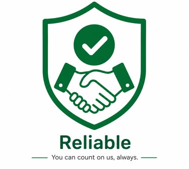 Green shield icon featuring a handshake and checkmark to represent reliable business trust.