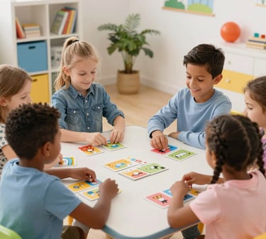 Children sitting around a small table, smiling as they engage with colorful therapeutic card games in a bright, cozy playroom.