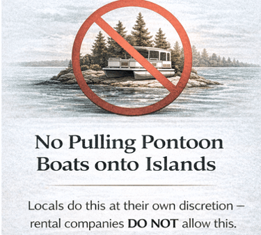 Warning sign for pontoon boat pulled onto rocky island.