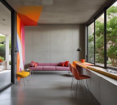 Modern minimalist living room featuring a pink sofa and orange chairs against industrial concrete walls.