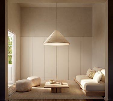 diseño interior japonés. muebles minimalistas, lampara conica colgante. puffs con patrones.