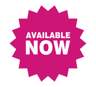 An eighteen point deep pink star with white text that says Available Now