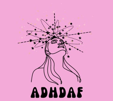 Logo for the ADHDAF Podcast, the head and shoulders of a woman with a pink background