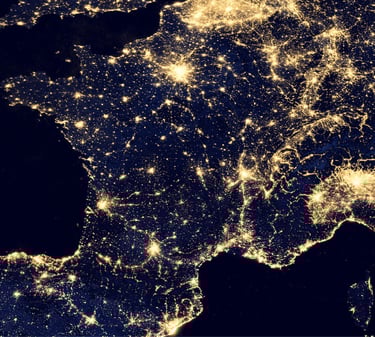 Satellite image of Western Europe at night