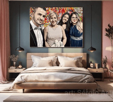 Arte pop de família com traços marcantes e cores vivas.