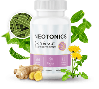 Neotonics skin and gut health probiotic supplement bottle with ginger, mint, and dandelion root.
