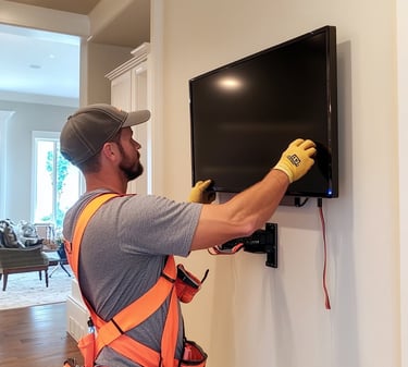 a tv installer positioning a screen on a wall