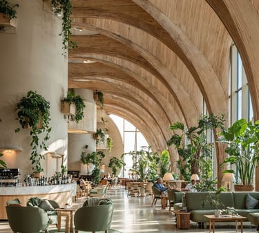 Luxury resort communal area featuring biophilic design and natural circadian lighting