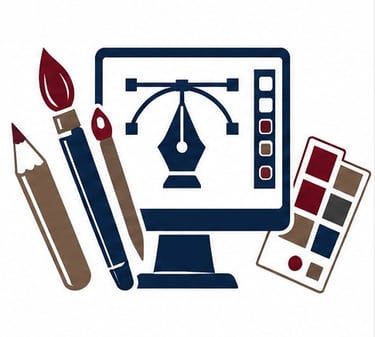 graphic design icon featuring a monitor, along with a pencil, paintbrush, and color swatches