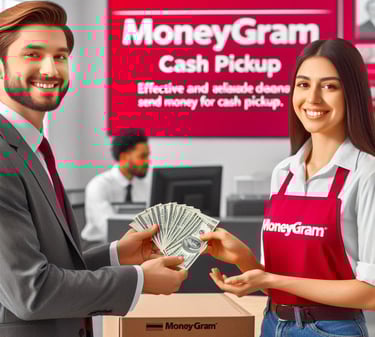 alt="Agente de MoneyGram entregando dinero en efectivo a un cliente en una oficina, fondo con señali