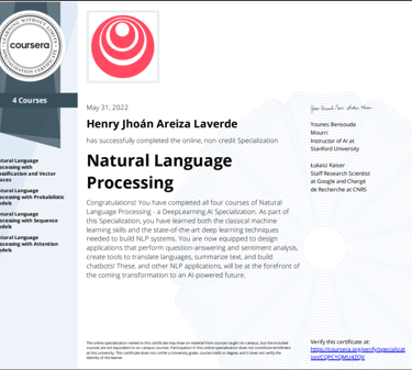 Natural Language Processing Specialization Certificate