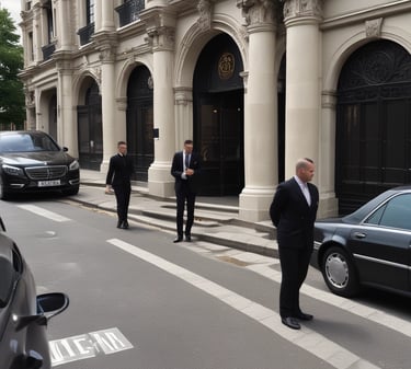 a man in a suit and sunglasses standing next to a car