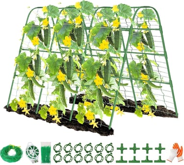 A-frame cucumber trellis for garden climbing plants with metal wire mesh and support accessories.