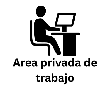 Black office icon of a person at a computer desk with text reading Area privada de trabajo.