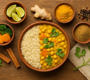 Plato ayurvédico equilibrado con alimentos frescos y especias adaptados a cada dosha